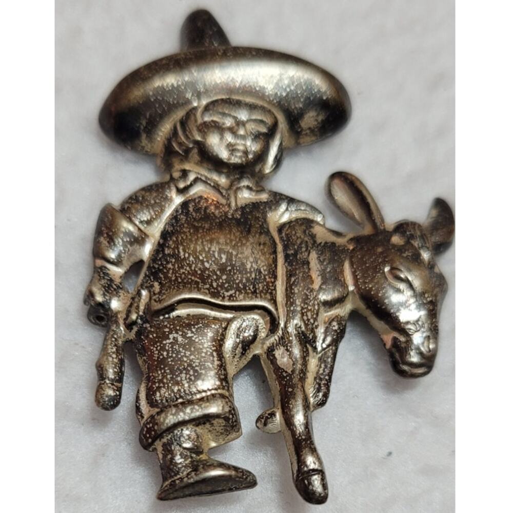 VINTAGE 1940s MEXICAN STERLING 925 BOY SOMBRERO HAT BURRO DONKEY BROOCH PIN - Picture 7 of 9